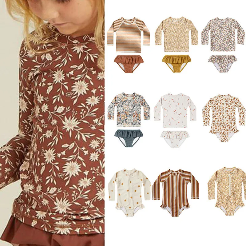 Brand RC Baby Girls Swimwears Swimsuit Kids Long Sleeve One-piece Set Toddler Girl Sunscreen Floral Bodysuit Bikini Suits 1-12Y