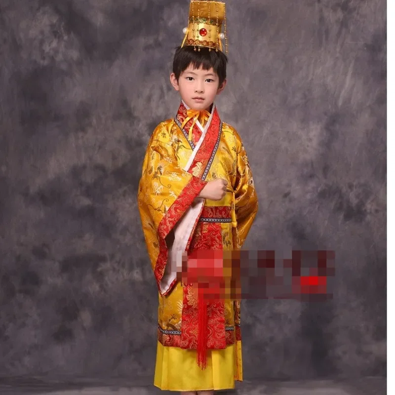 Child Chinese Traditional Hanfu Dress Men Boys Emperor King Stage Red Clothing Children Costumes Tang Suit Kids Robe + hat sets
