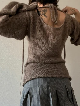 Fashion Women's T-shirt Tie Back Sweaters Long Sleeve Boat Neck Solid Color Knit Pullover Casual Tops Streetwear Y2k Summer Cami 1