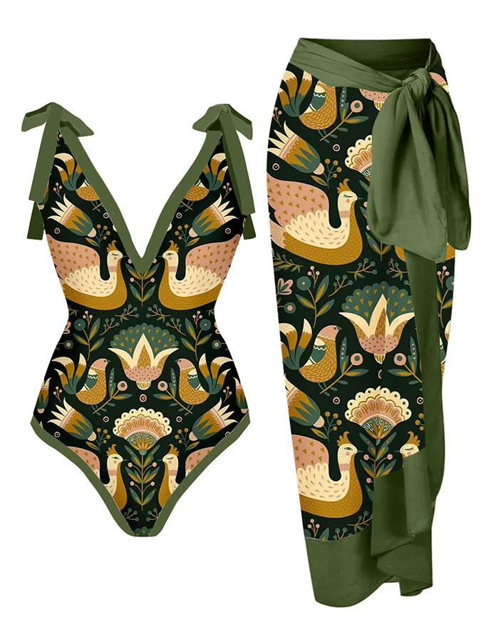 

Vintage Print Tie One Piece Swimsuit