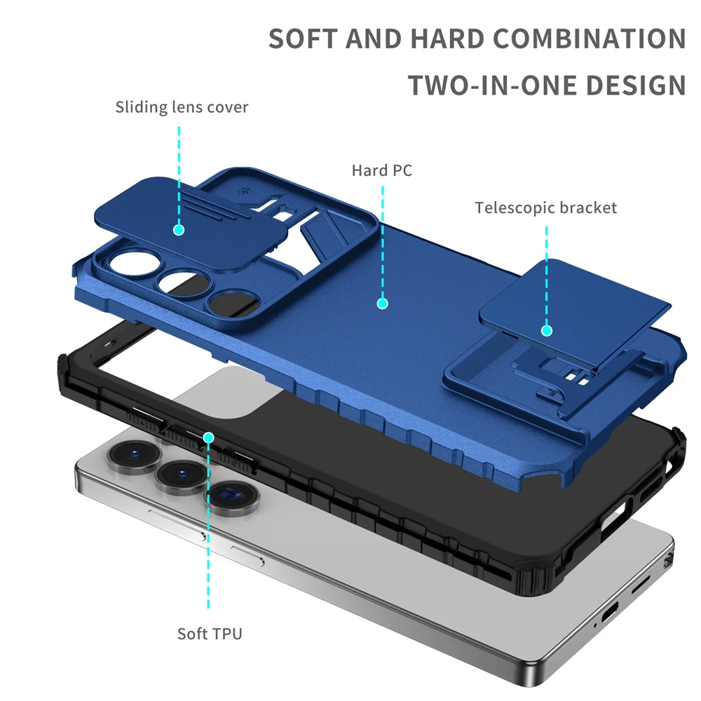 Slide Camera Protection Armor Phone Case with Plastic Holder and Hard Cover