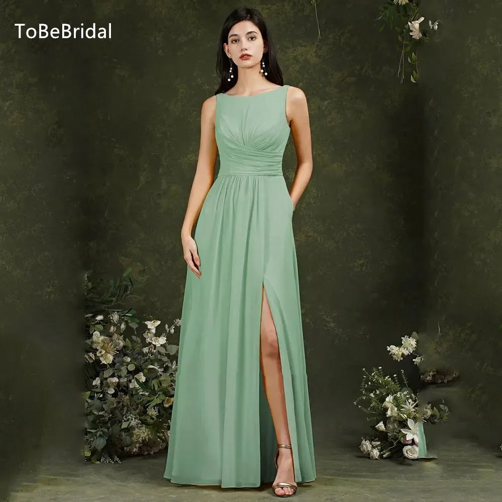 

Elegant Chiffon Women's Evening Dresses Round Neck Sleeveless A-Line Long Wedding Party Gown Formal Occasion Prom Gala Dress