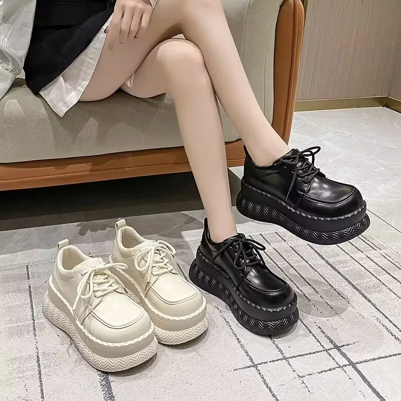 

Round Toe Thick Bottom Platform Chunky Heels Women Pumps Lace Up Black Ins Fashion Punk Street Ladies Shoes Zapatillas De Mujer