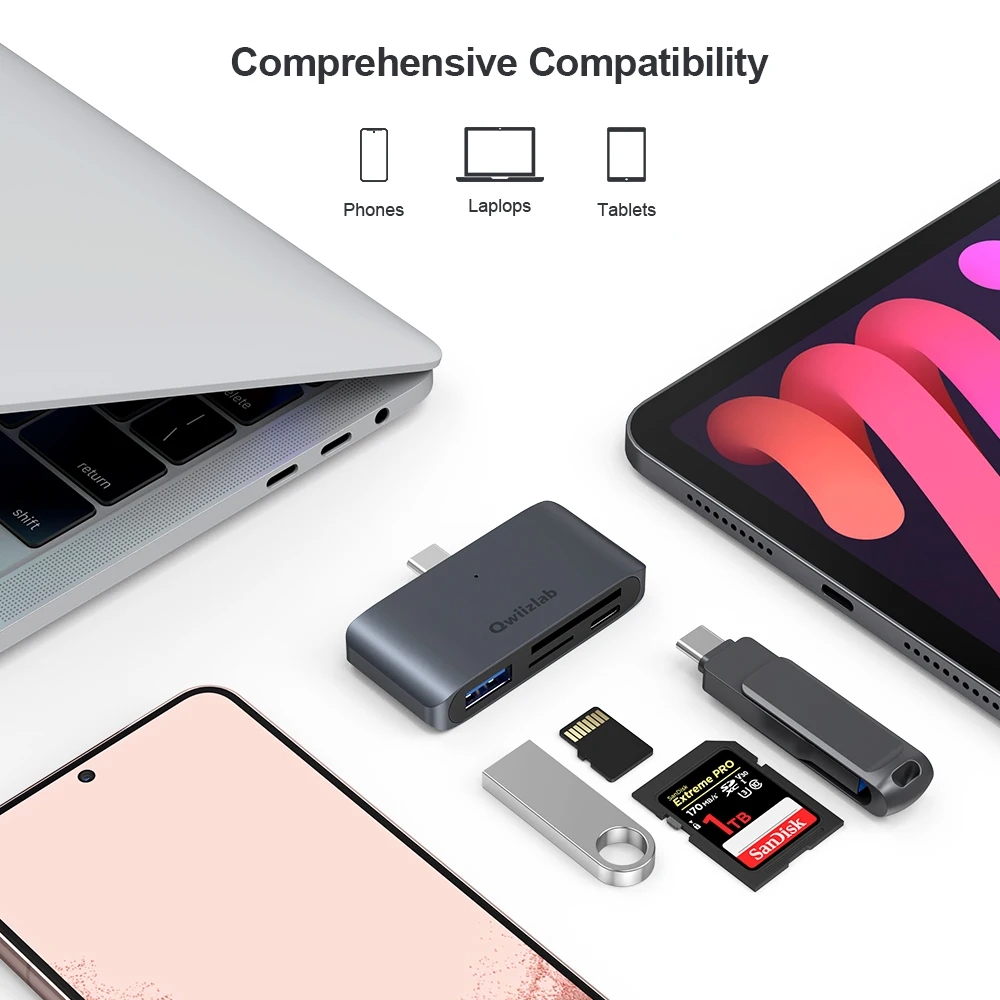 Фото Qwiizlab 4-в-1 устройство для чтения SD-карт MicroSD 5 Гбит/с USB 3,0 Type-C хаб адаптер для MacBook iMac iPad Surface Pro (серый) №3
