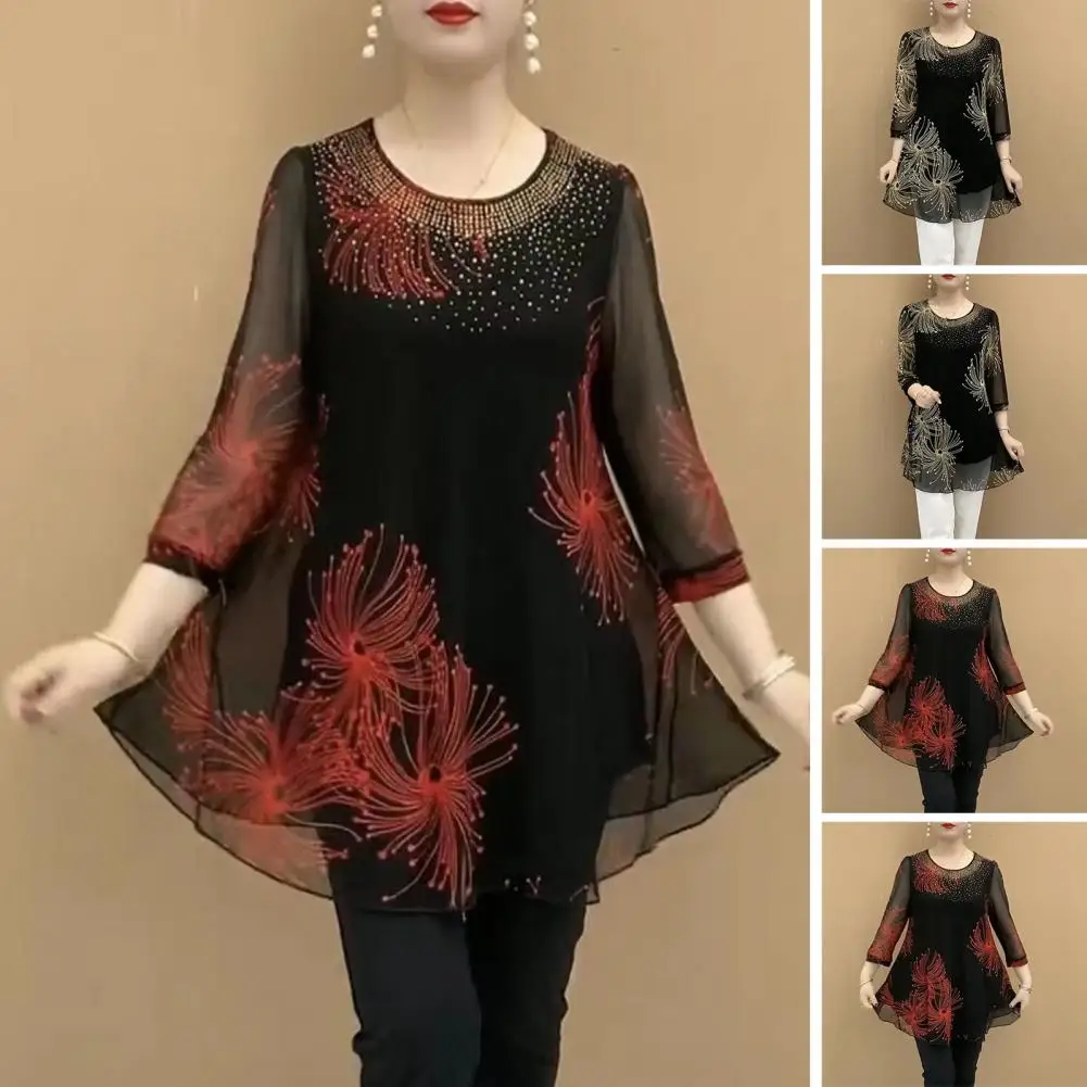 

Breathable Women Top Floral Mesh Double Layered Mid-length Top for Mid-aged Stylish Spring Shirt with Color Matching Three