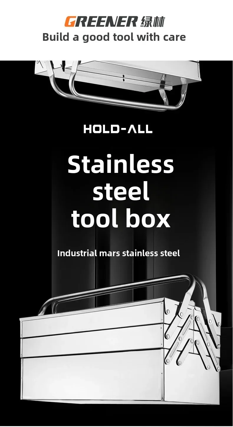 Heavy Duty Stainless Steel Toolbox with 3-Layer Folding and Carrying Handle - Industrial Grade for Home and Car 5