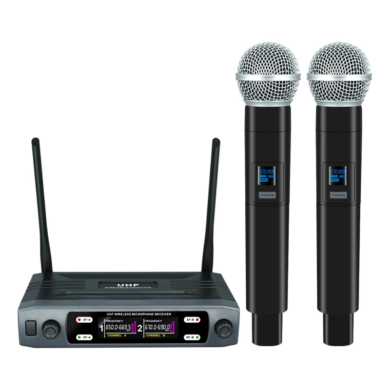 Беспроводной ручной Двухканальный UHF микрофон с фиксированной частотой
