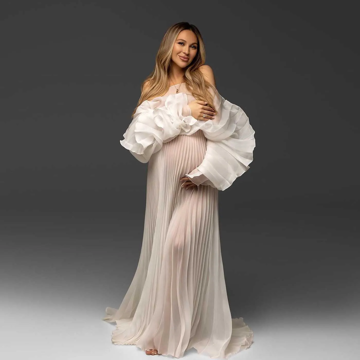 

Gorgeous Beige Pleated Maternity Dresses Photoshoot Pregnancy Women Sheer Maternity Gown Pleates Illusion Babyshower Dress