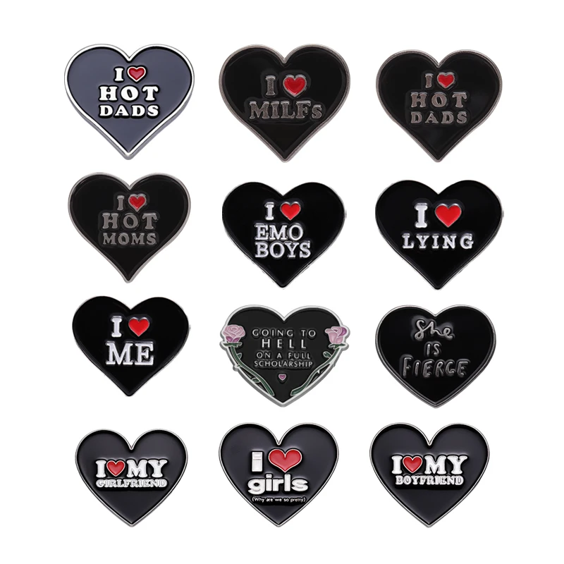 Schwarze Herz Serie Emaille Pins Ich liebe Mama Papa Broschen Kreativität Revers Abzeichen Pin für Rucksack Kleidung harte Sammlung Pin Geschenk