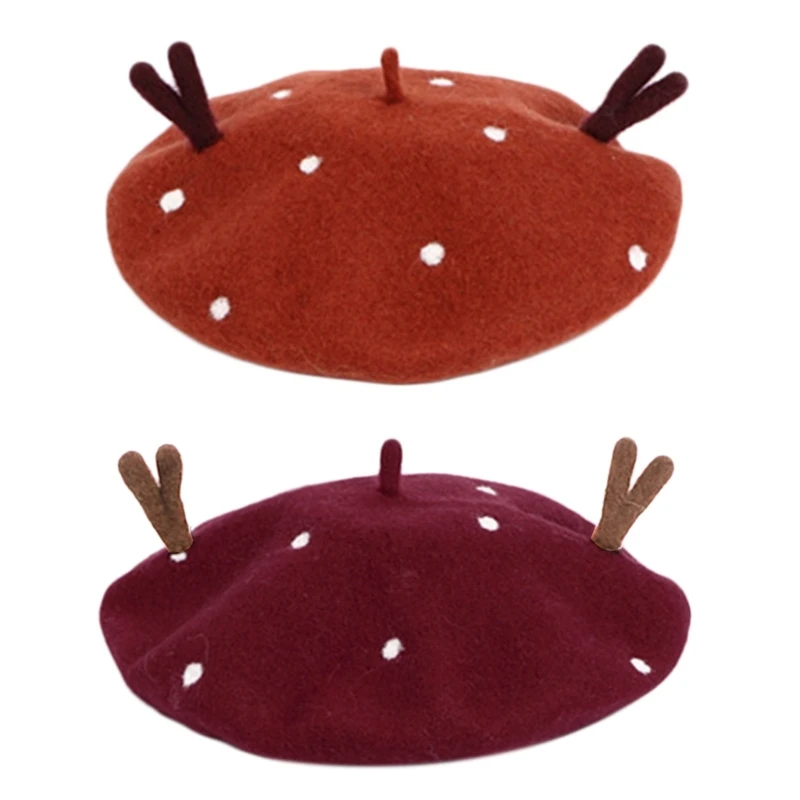 

Women Winter Warm Christmas Faux Wool 3D Reindeer Antlers White Dot Vintage Painter Holiday Hat Drop shipping