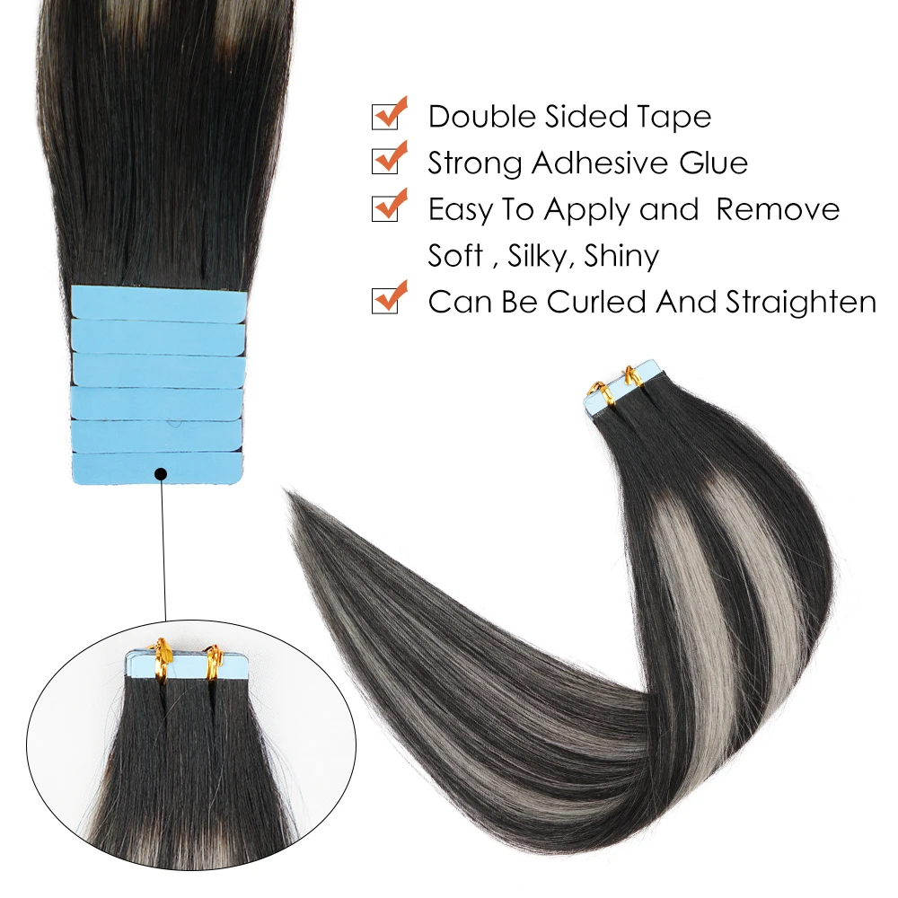Doreen European Real Remy Human Hair Tape In Extensions 16 to 24 Inch 20Pcs 50g PU Seamless Balayage Silver Grey Hair Black Root