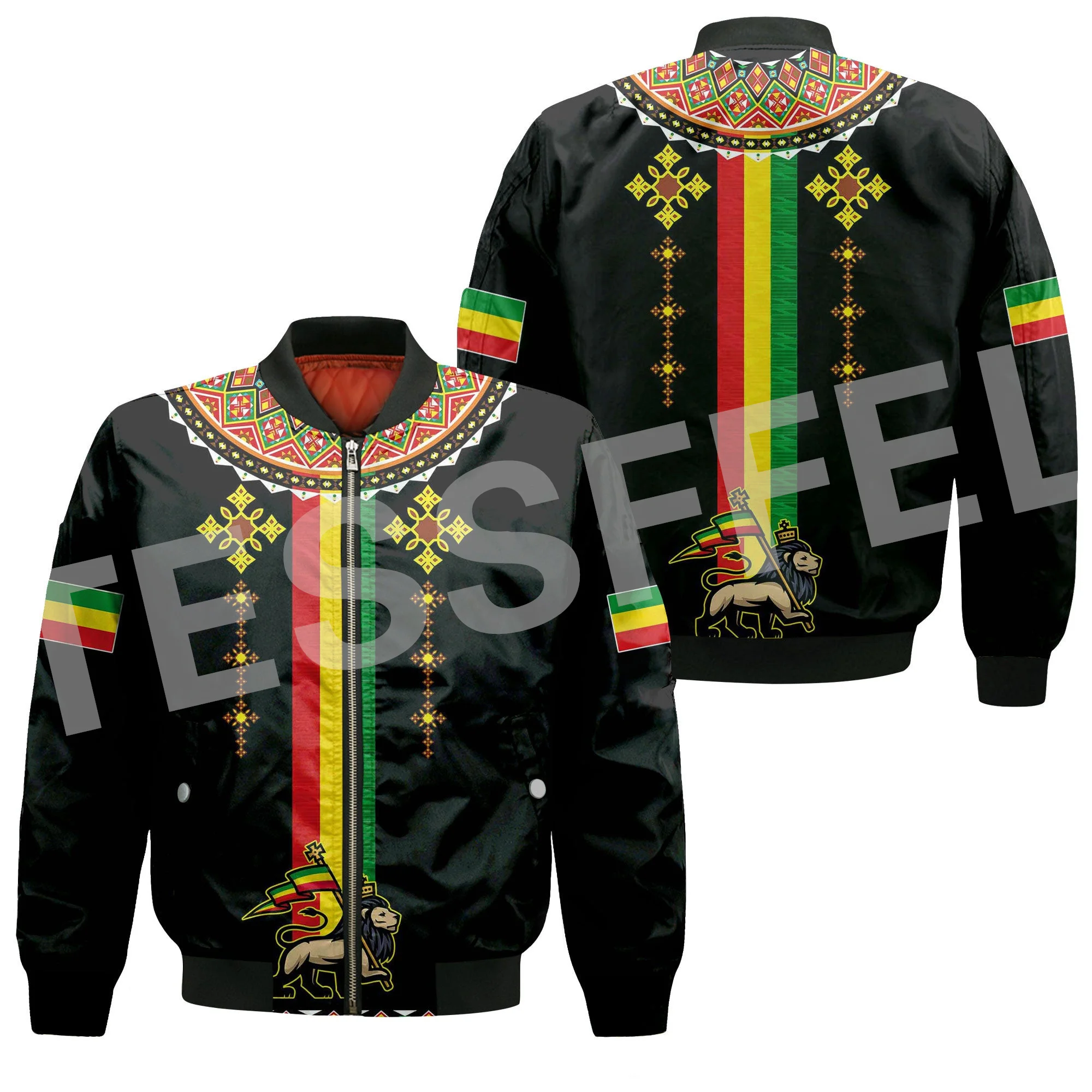 Ethiopia County Flag Kente Reggae Africa Tribe Lion Retro 3DPrint Unisex Harajuku Winter Coat Casual Windbreaker Bomber Jacket V