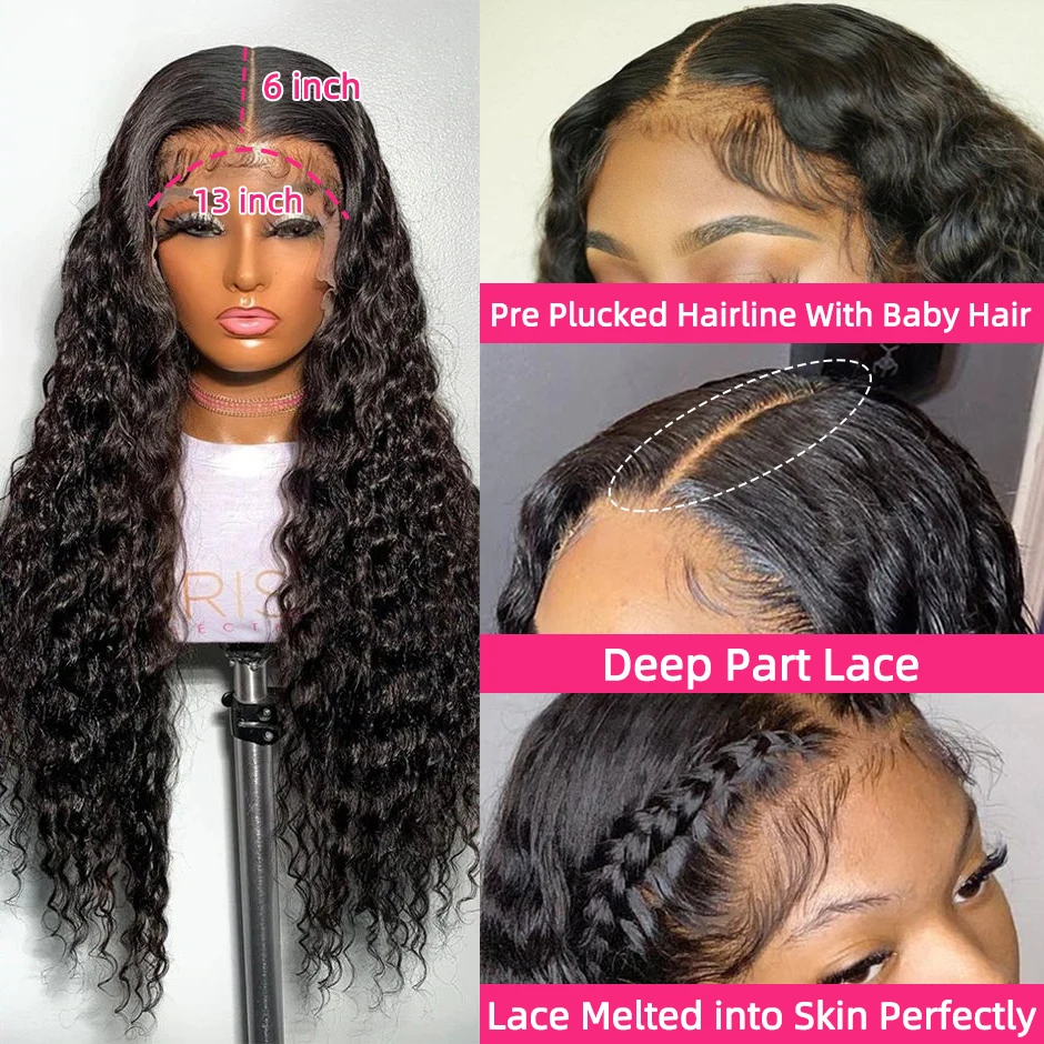 YAWAWE Hair Water Wave 13x6 HD Lace Frontal Wigs Brazilian Wigs 100% Human Hair For Women Deep Curly Wigs preplucked Precut 2