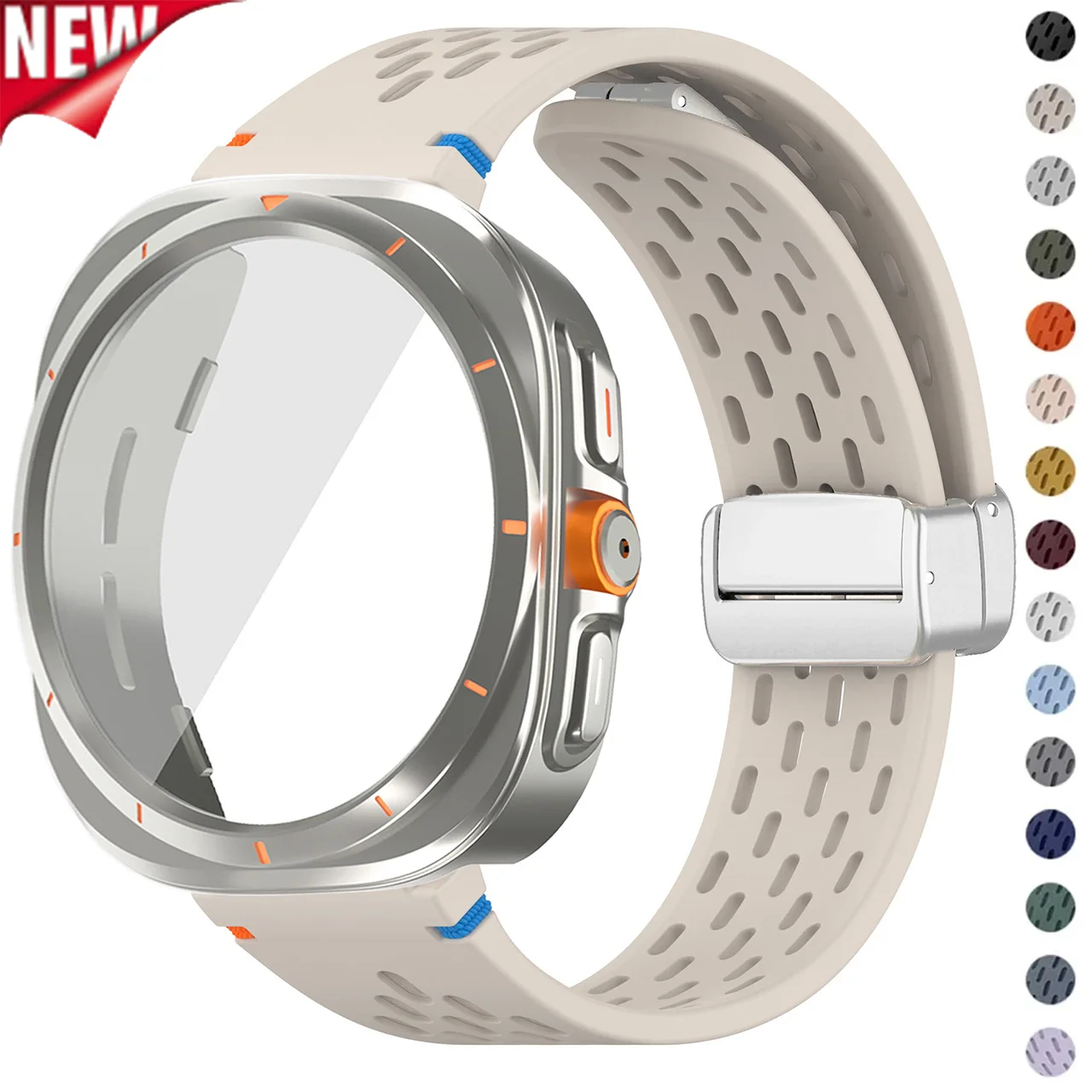 Silicone Magnetic Buckle Band with Tempered Glass Screen Protector and Case Strap