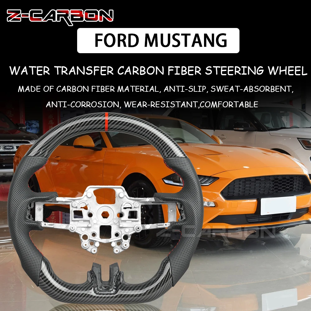 포드 머스탱 2015-2023 GT350 GT500 천공 가죽 레이싱 휠 자동차 액세서리 용 하이드로 딥 탄소 섬유 스티어링 휠