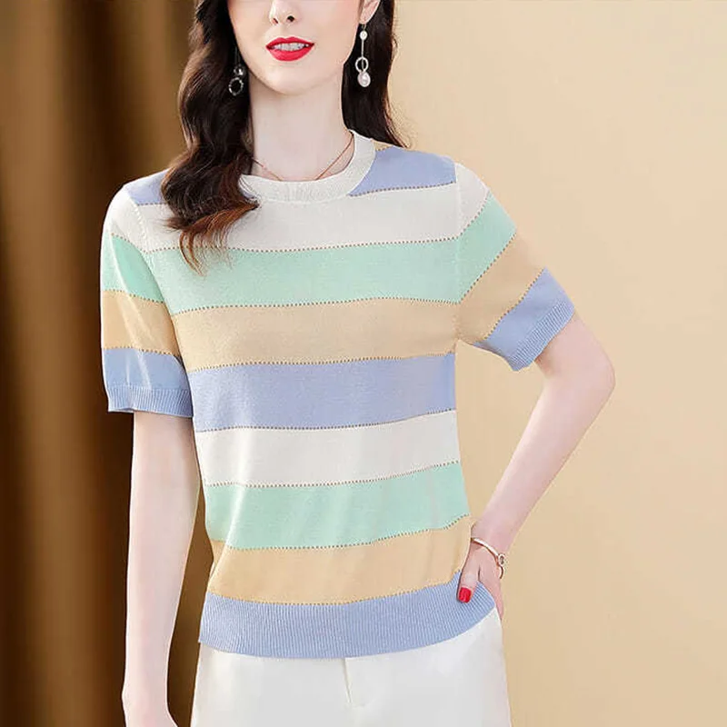Fashion O-Neck Knitted Striped Color Blouse Female Clothing 2023 Summer New Loose Casual Pullovers Short Sleeve Commute Shirt