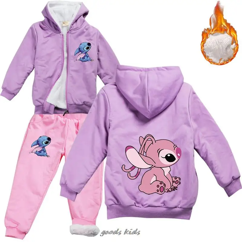 Зимние комплекты детской одежды Lilo и Stitch, детские теплые утепленные куртки с капюшоном и штаны, комплекты одежды, Подростковый комбинезон для девочек, пальто, костюм