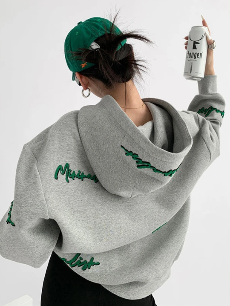 Deeptown Vintage Gray Oversize Hoodies Women Harajuku Hip Hop Embroidery Loose Sweatshirts Long Sleeve Casual Tops Grunge Korean