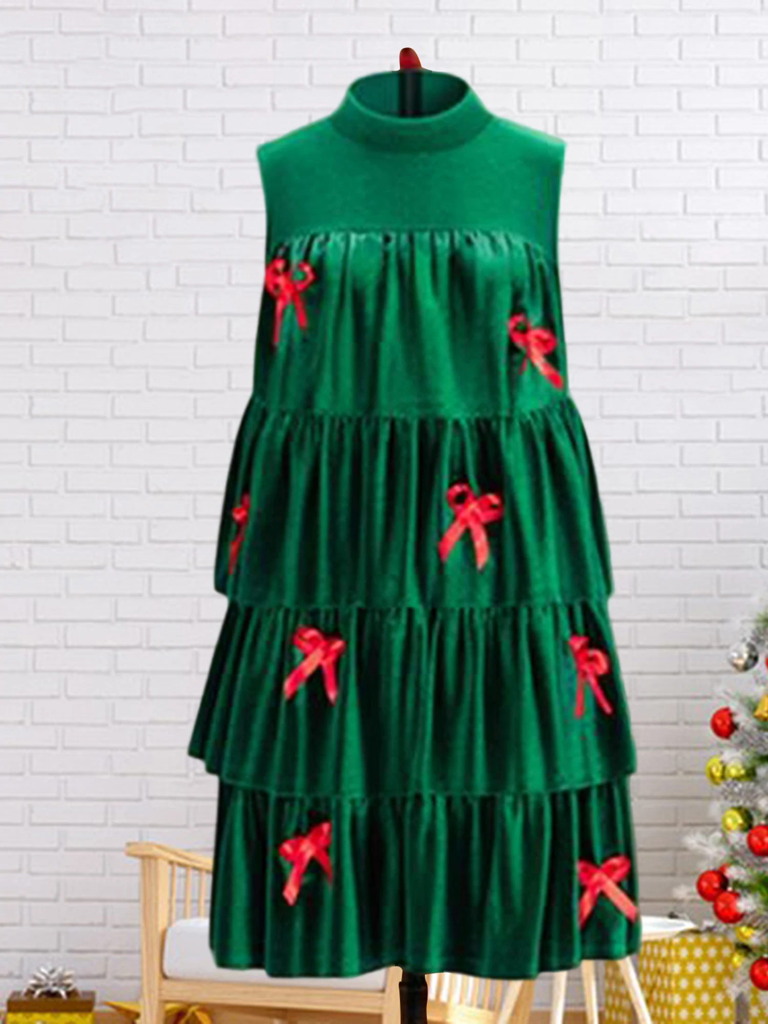 Women s Festive Holiday Dress Elegant Flowy A-Line Silhouette with Charming Bow Detail and Flirty Ruffled Hemline