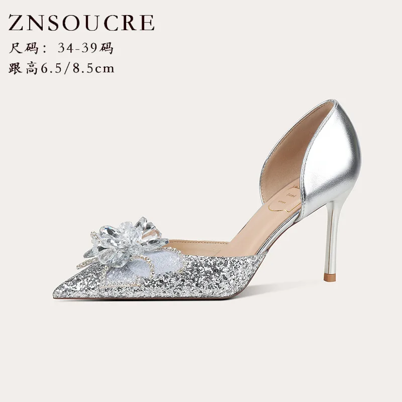 Summer Women Pumps Luxury Sequined Cloth 6CM Thin High Heels Pointed Toe Buckle Strap Shallow Solid Shoes Woman Autumn Party