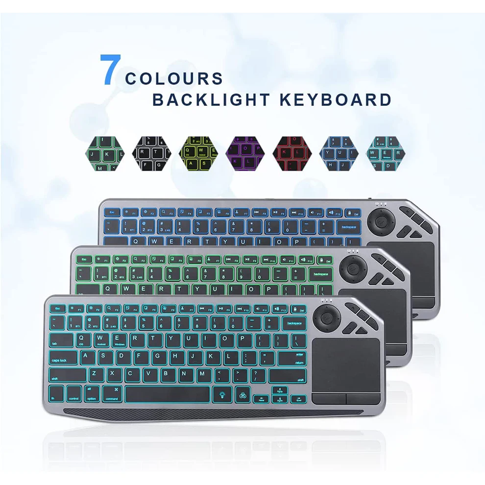 Teclado de tv sem Fio com Touchpad 7-cores Backlit Teclado Bluetooth Teclado Recarregável para Smart tv Ios Iphone Ipad 2.4g