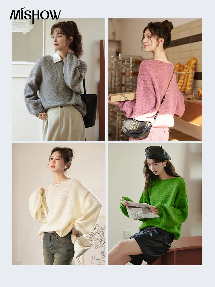 MISHOW Women's Pullover Knitted Top 2023 Autumn Lantern Long Sleeve Scoop Neck Loose Solid Sweater Coat Office Lady MXC48Z0297