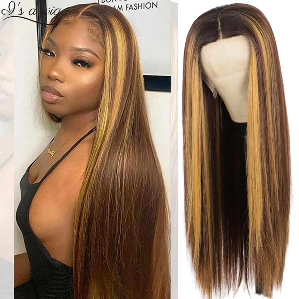 Brown Mixed Blonde Synthetic Lace Front Wigs Highlight Wigs Long Straight Part Lace Wig for Black Women Pink Red Cosplay Hair