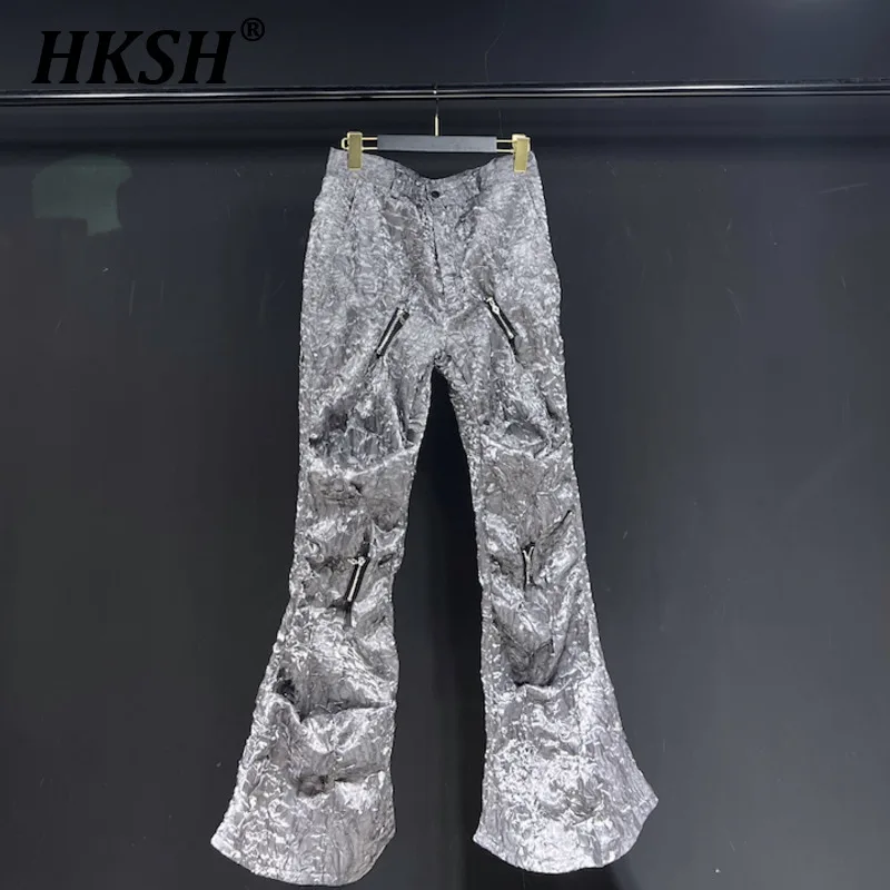 HKSH Heavy Industry Wide Leg Flare Pants Straight Wide Leg Floor Textured Gray Metallic Punk Trousers Men's Tide Chic New HK0869