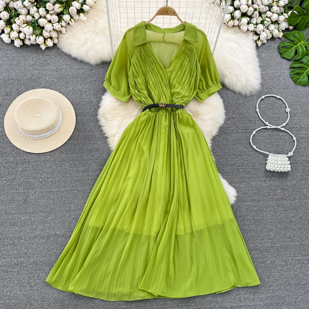 

Vintage Style Short Sleeved Pleated V-neck Waistband A-line Pleated Chiffon Dress Long Skirt
