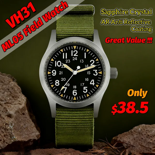 Militado Ml05 montre de terrain Vintage VH31 balayage deuxième mouvement à Quartz cristal saphir haute transparence revêtement AR lumineux 38Mm montres 1
