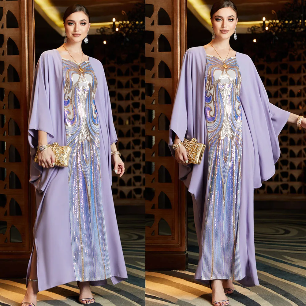 

Elegant Floral Embroidery Sequins Butterfly Sleeves Belted Kaftan Ladies Evening Dresses Casual Loose Arab Muslim Women Clothes