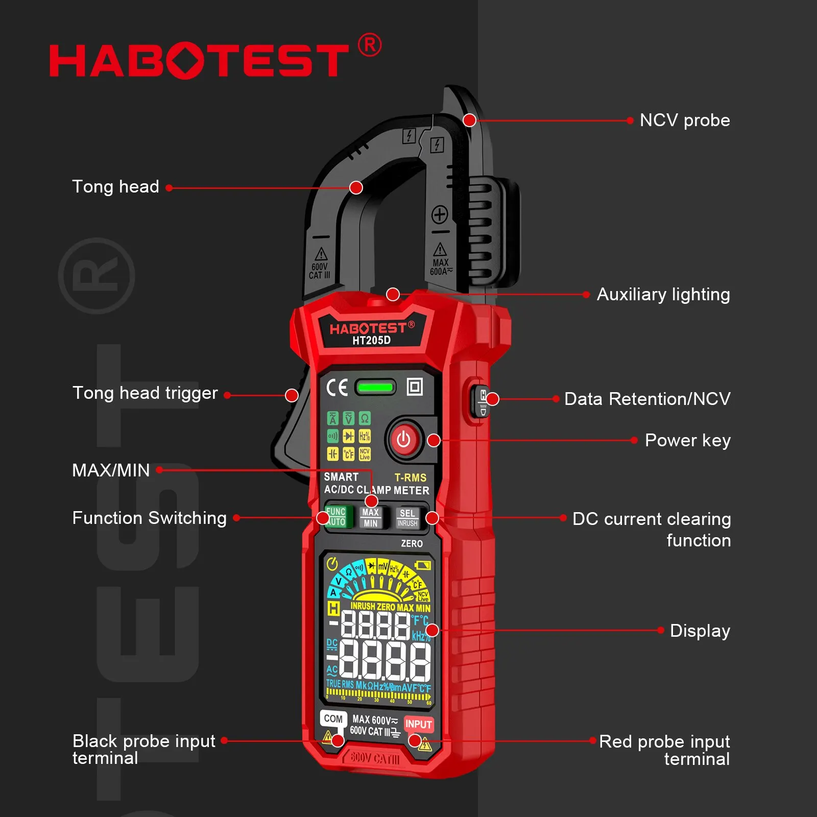 HABOTEST HT203/HT205/HT206 Clamp Meter Multimeter Auto Range True RMS NCV DC AC Voltage Current Temperature Professional Tester digital multimeter clamp meter