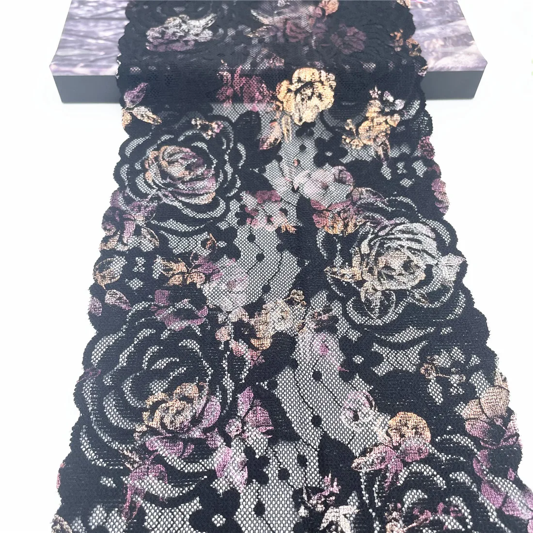 3y/lot Width 18cm Black Rosegold Shimmer Elastic Stretch Lace 3