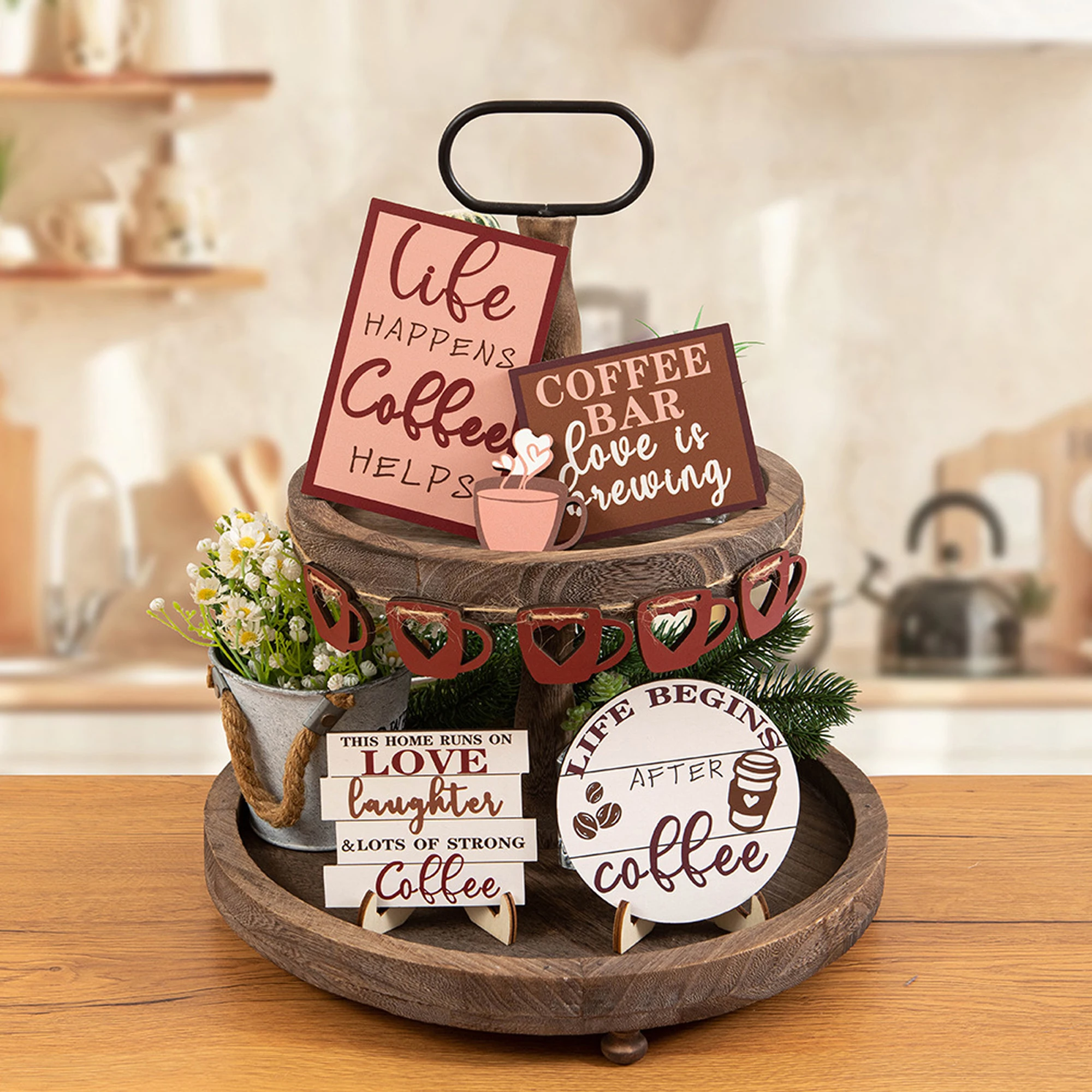 Rustic Coffee Lover s Tiered Tray Decor Set of 15 Wooden Farmhouse Table Ornaments for Home and Events