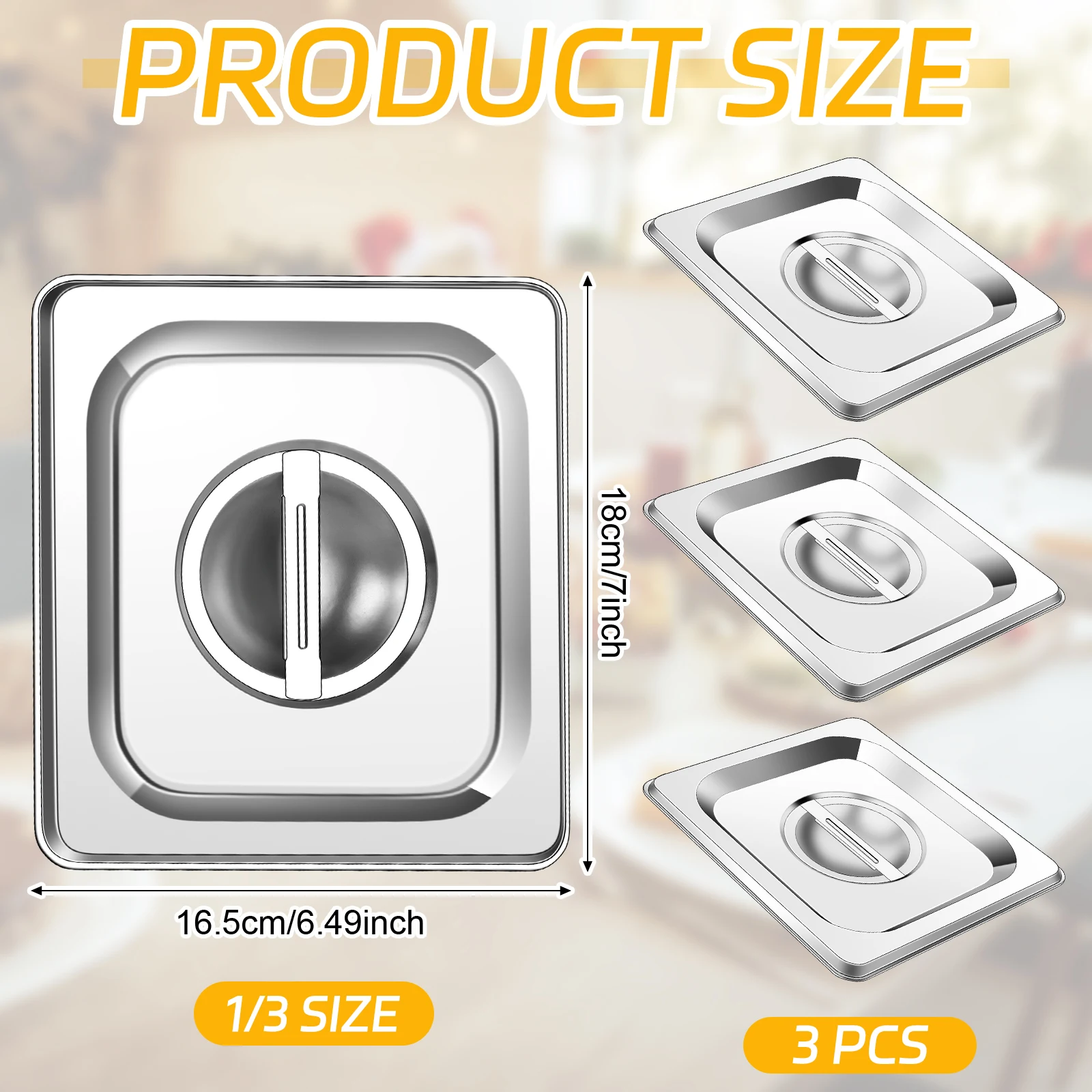 3PCS Stainless Steel 1/6 Gastronorm Pan Lid Stainless Steel Lid With Centre Handle,Silver, Compatible With All 1/6 Sized Gastron