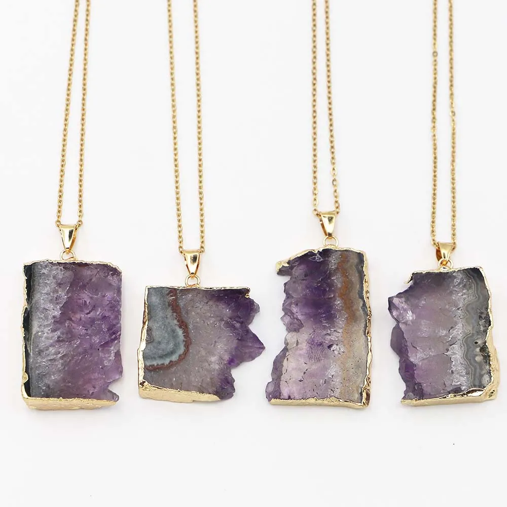 Selling Natural Stone Irregular Necklace Pendant Uruguay Amethyst Phnom Penh Energy Healing Gemstone Chakra Halo Fashion Jewelry