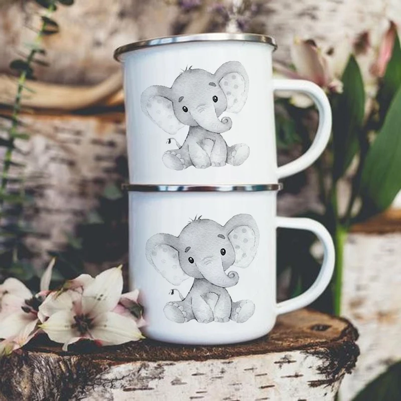 

Elephant Print Creative Camping Coffee Tea Water Cups Drink Breakfast Milk Cup Enamel Mugs Handle Drinkware Hiking Mug Best Gift