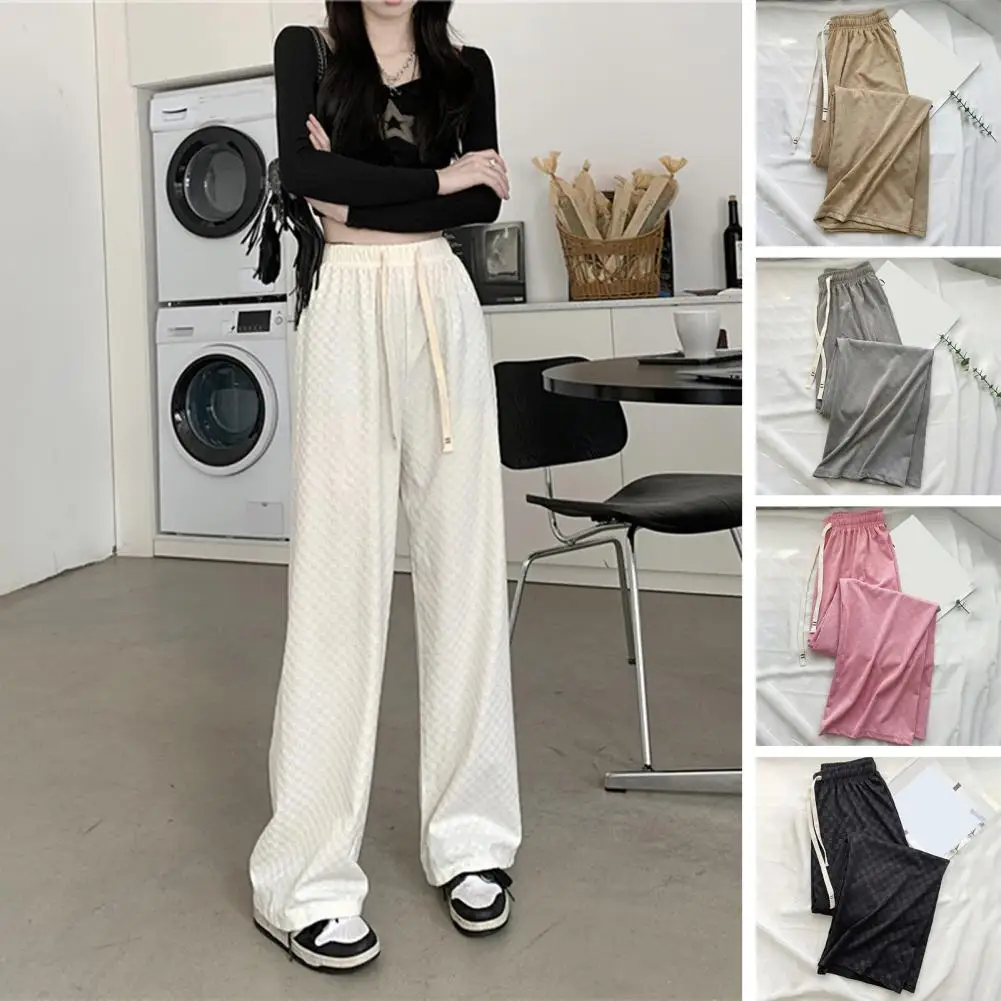 

High Waist Elastic Waistband Women Pants Drawstring Ice Silk Full Length Checkerboard Print Straight Wide Leg Pants Streetwear