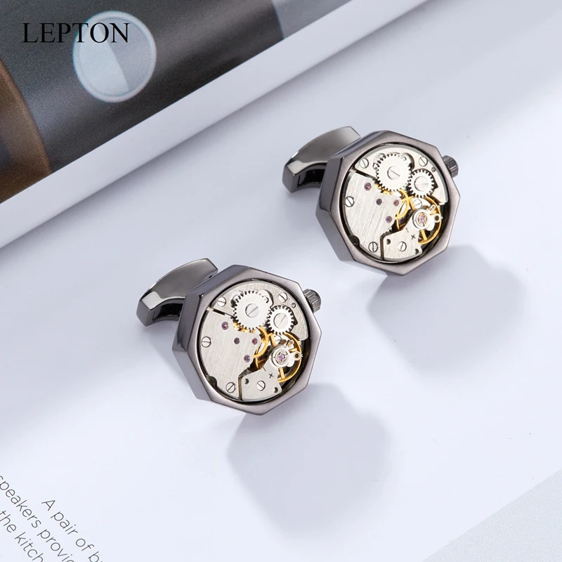 Lepton Watch Movement Cufflinks Of Movable Black Vintage Steampunk Gear Cufflink Perfect For Wedding Groom Anniversary Birthday