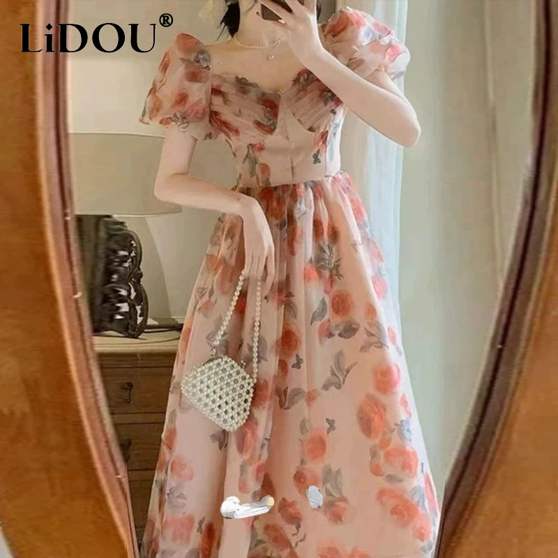 

2023 Summer New V-neck Puff Sleeve Maxi Dress Women Floral Printing Youth Sweet Princess Dresses Vintage Elegant Lace Vestidos
