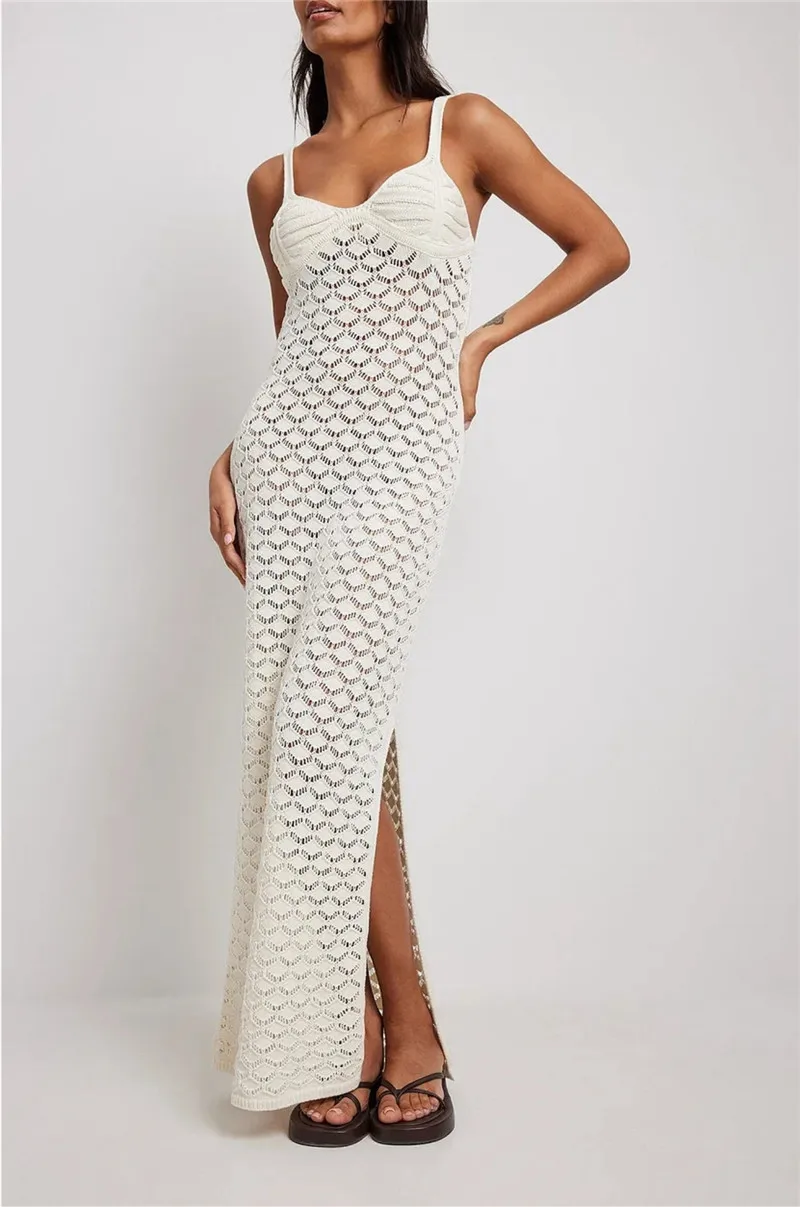 

2023 вязаный купальник накидка Пляжная Сексуальная Открытая спина прозрачный Макси разрез облегающее Летнее Длинное платье крючком бикини накидки