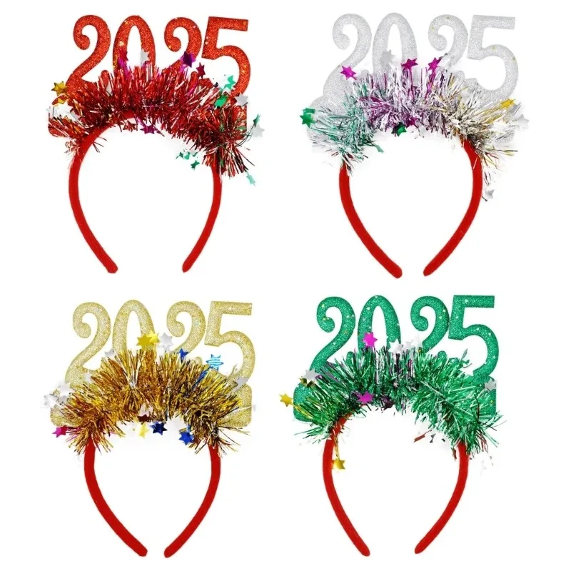 4PCS Christmas and New Year Headbands 2025 Holiday Party Hair Accessories, Sparkling Metal Wire Decoration
