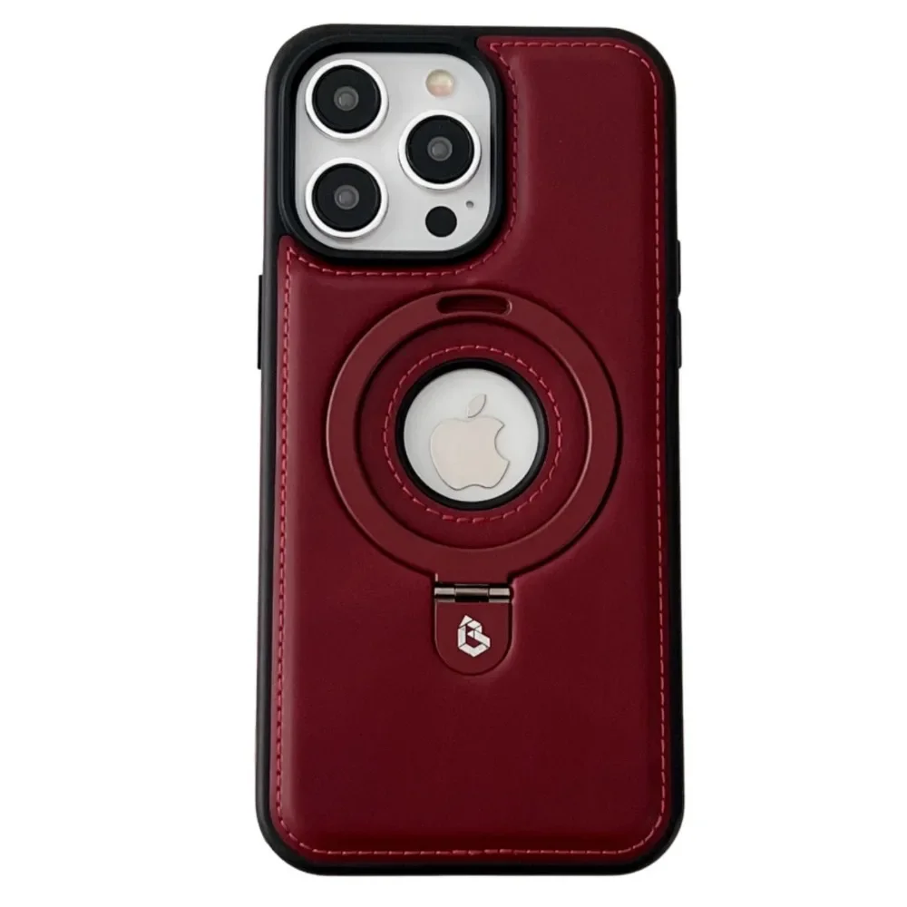 Magnetic Ring Holder Kickstand with Shockproof Leather Cover and Logo Hollow Design