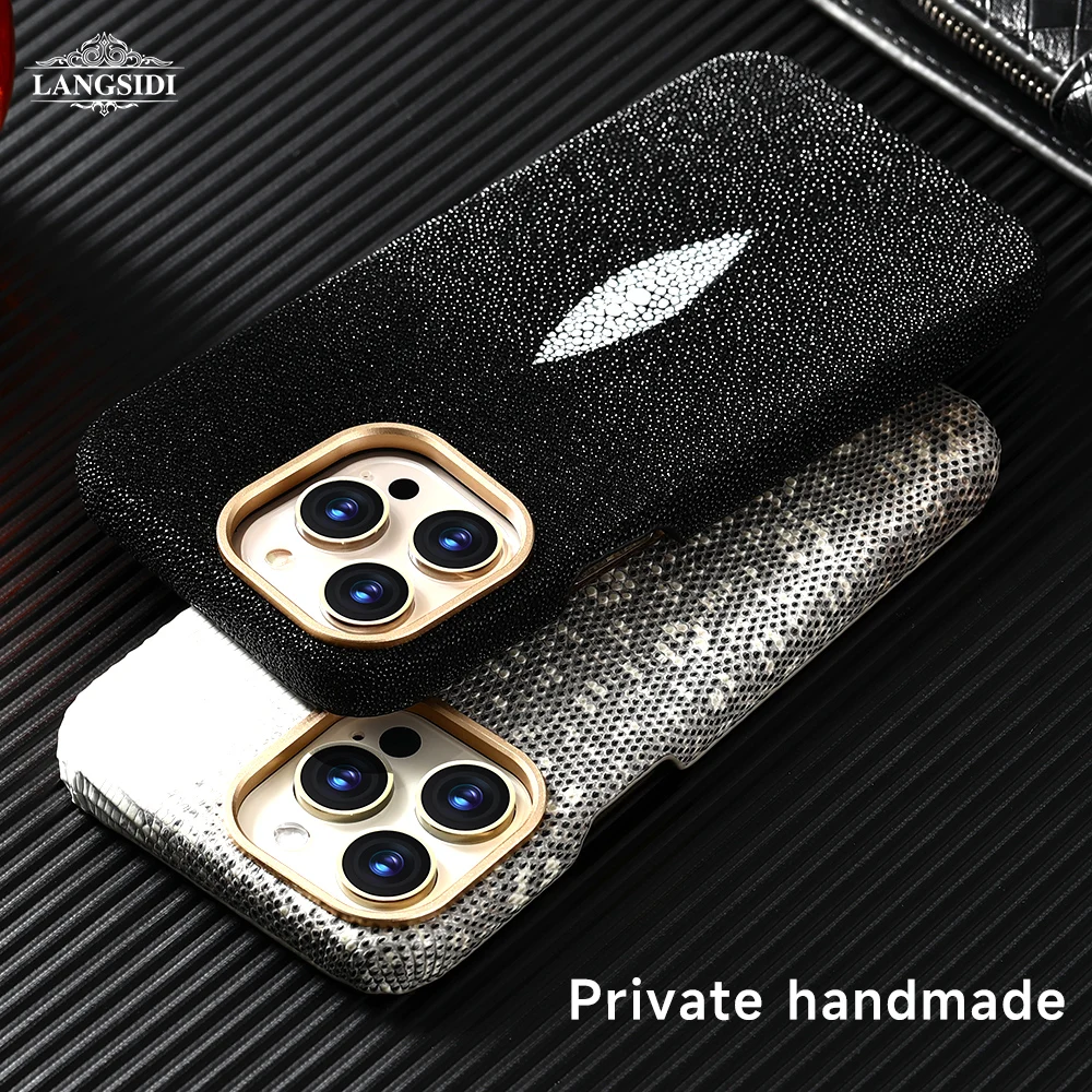 

LANGSIDI Natural leather Stingray Magnetic Shockproof case For Iphone 14 13 pro max 14plus cover For iphone 14pro Magsafe case