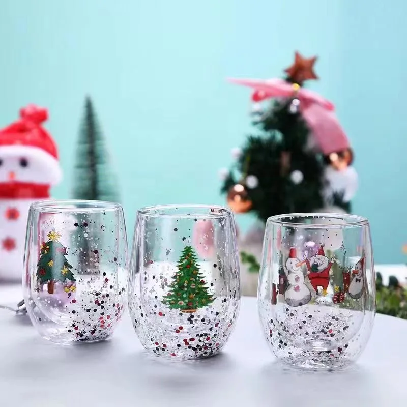 Glass Cup Christmas Double Wall Glass Cup Xmas Gift Star-tree Snowman Heat Resistant Household Milk Juice beer Teacup Coffee Mug Drinkware