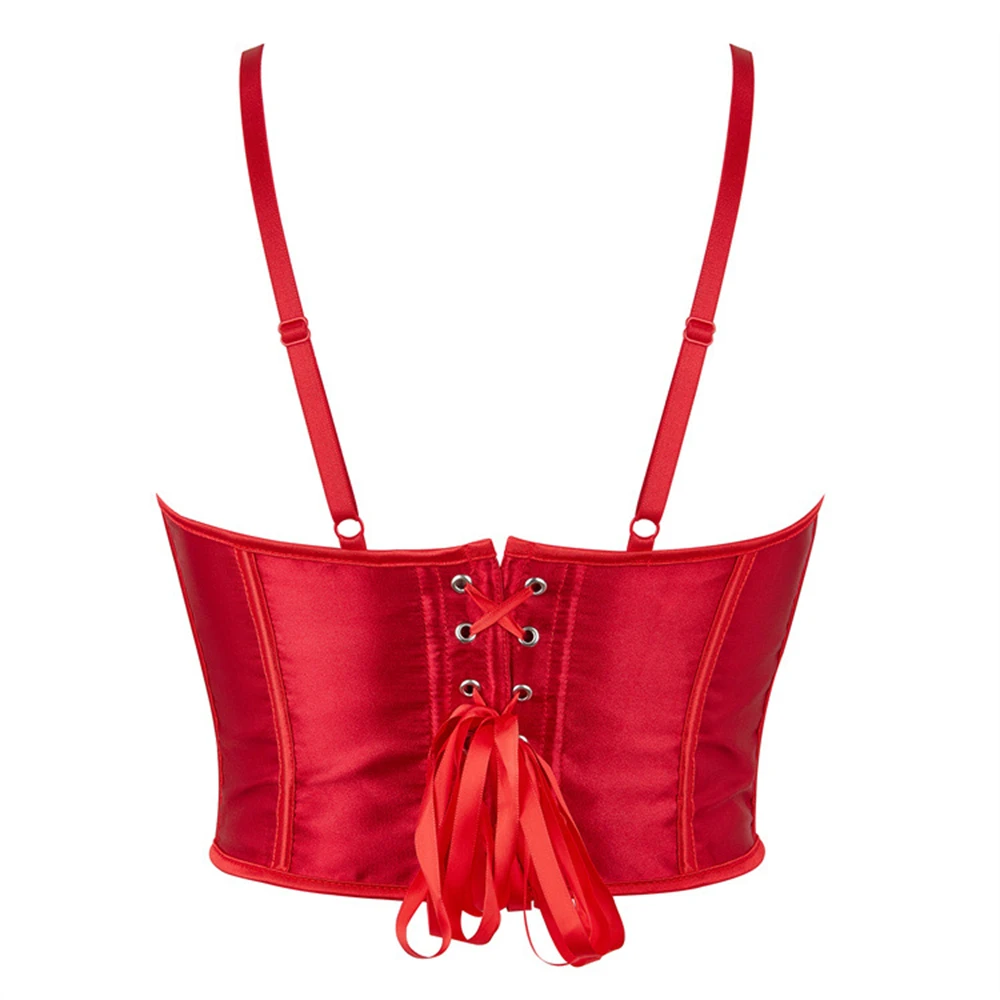 Sexy Corset Top Red Satin Lace Up Plastic Boned Bustiers Crop Tops Body Shaper Lingerie for Women Waist Trainer