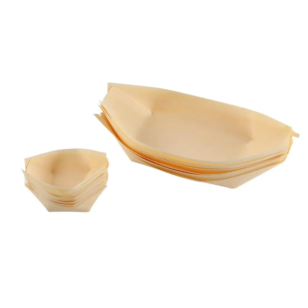 Disposable Food Trays 50Pcs Disposable Pine Wood Paper Bowl Adorable Boat Shape Serving Tray Sushi Food Kitchen Bakeware For Home Dining Bar