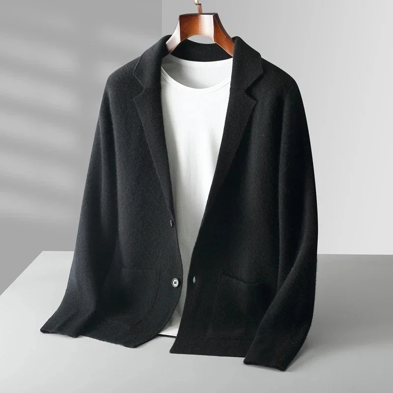 Cashmere cardigan men's lapel sweater casual business long sleeved knitted men's 100 pure wool sweater 2023 new coat solid color