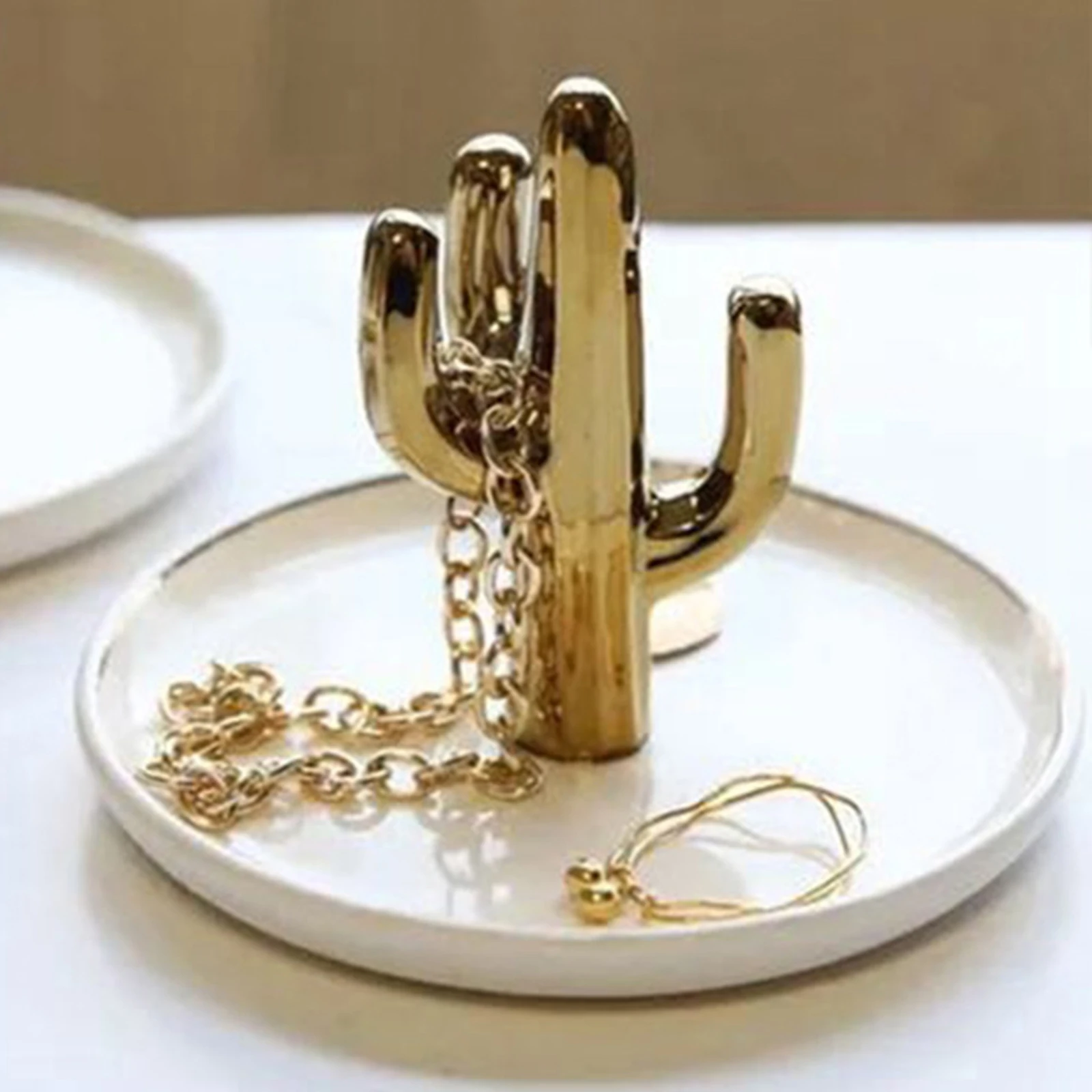 Cactus Ring Holder Jewelry Tray - Ceramic Desktop Organizer With Green Cactus | Jewelry Display Dish For Rings & Accessories