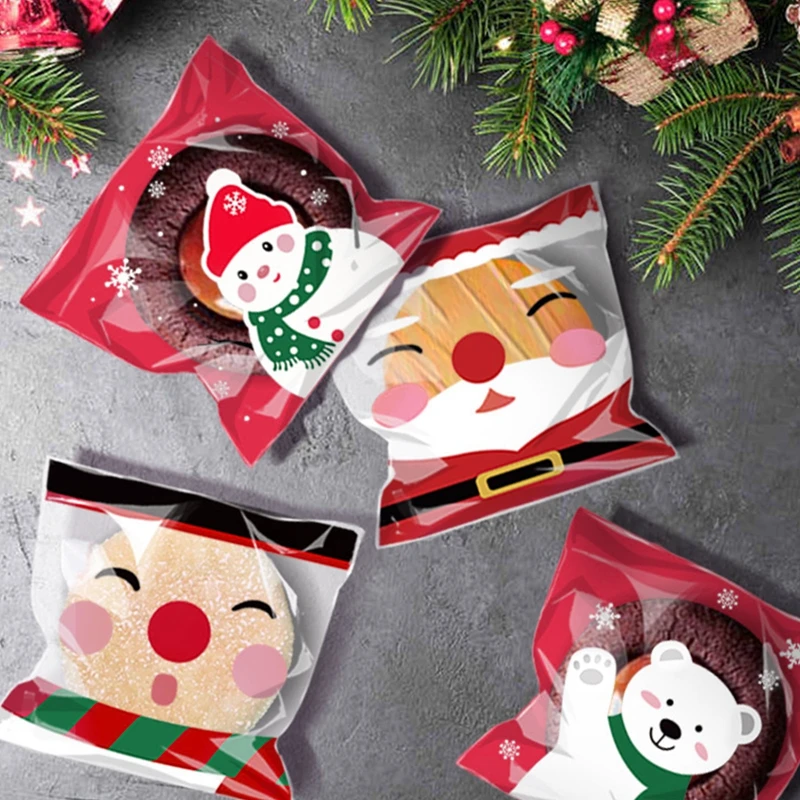 100PCS/Pack Christmas Baking Cookies Bag Self-adhesive Christmas Biscuit Gift Bag Candy for Party Supplies Favor christmas gift bags,gift bags